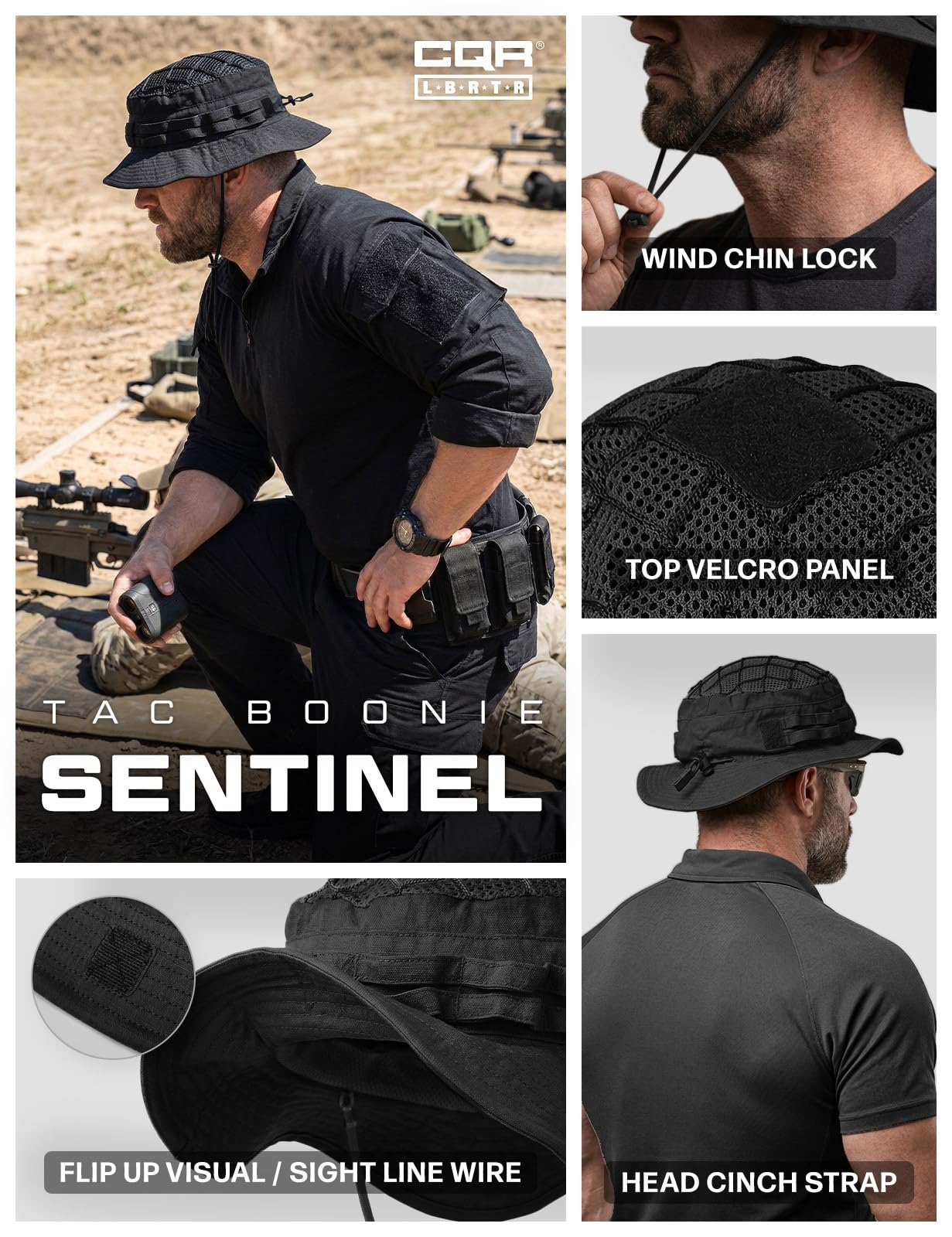 CQR Men's Tactical Boonie Hat, Breathable Packable Sun Hat for Hunting, Hiking, Fishing, Shooting, and Outdoor Activities, Sentinel Black, Small-Medium