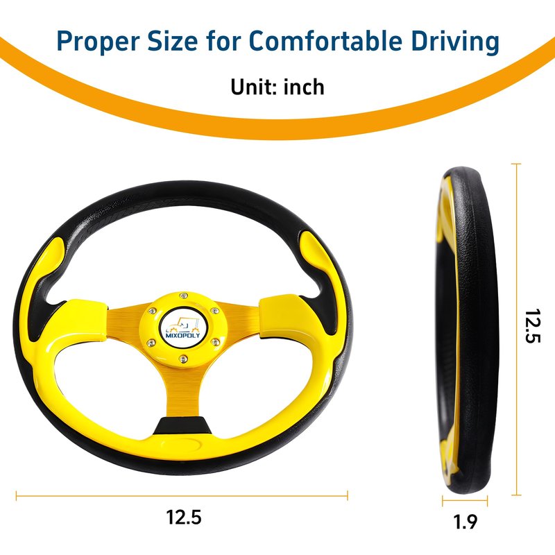 Mixopoly Golf Cart Steering Wheel for Club Car, EZGO, and Yamaha Golf Carts. PP + PU + Aluminum Alloy, Comfortable Grip, 12.5" (yellow-round)