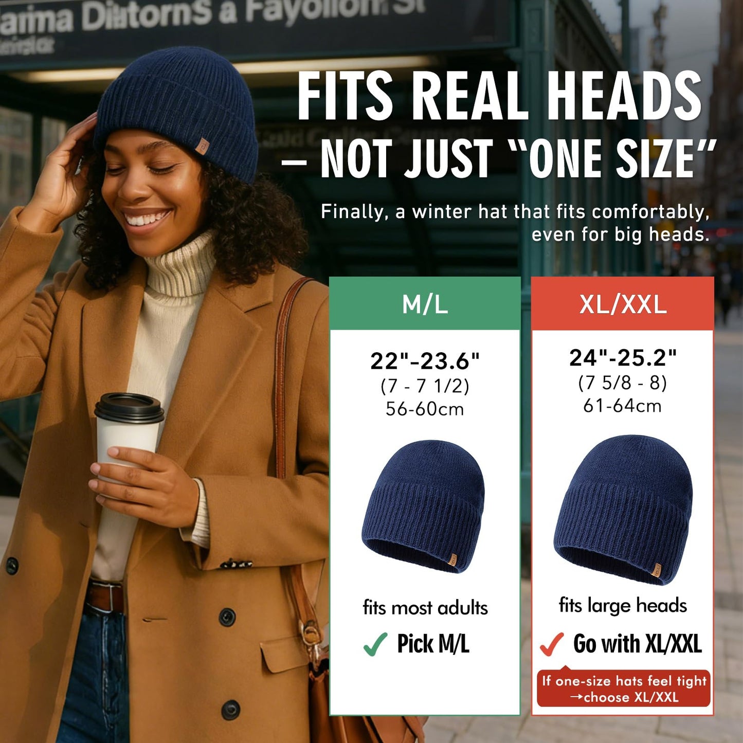PolarWool™ 80% Merino Wool Beanie Satin Lined Cuffed Watch Fisherman Cap Oversized Big Head Winter Hat for Men Women Outdoor Work Black XL/XXL