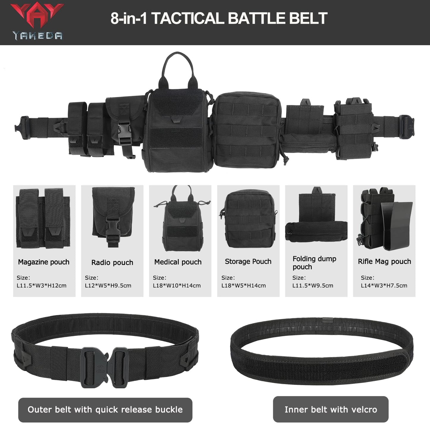 YAKEDA Tactical Battle Belt with Pouches: Airsoft Combat Belt Quick Release Rigger 1.75 Inch Inner & Outer EDC Belt Heavy Duty Belts 8 pcs Tactical Belt for Men(Black)