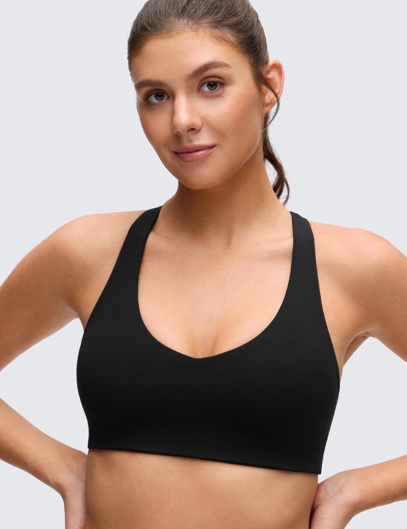 CRZ YOGA Butterluxe Racerback Sports Bras for Women - V Neck Supportive Padded Wireless Athletic Yoga Crop Top Black Medium