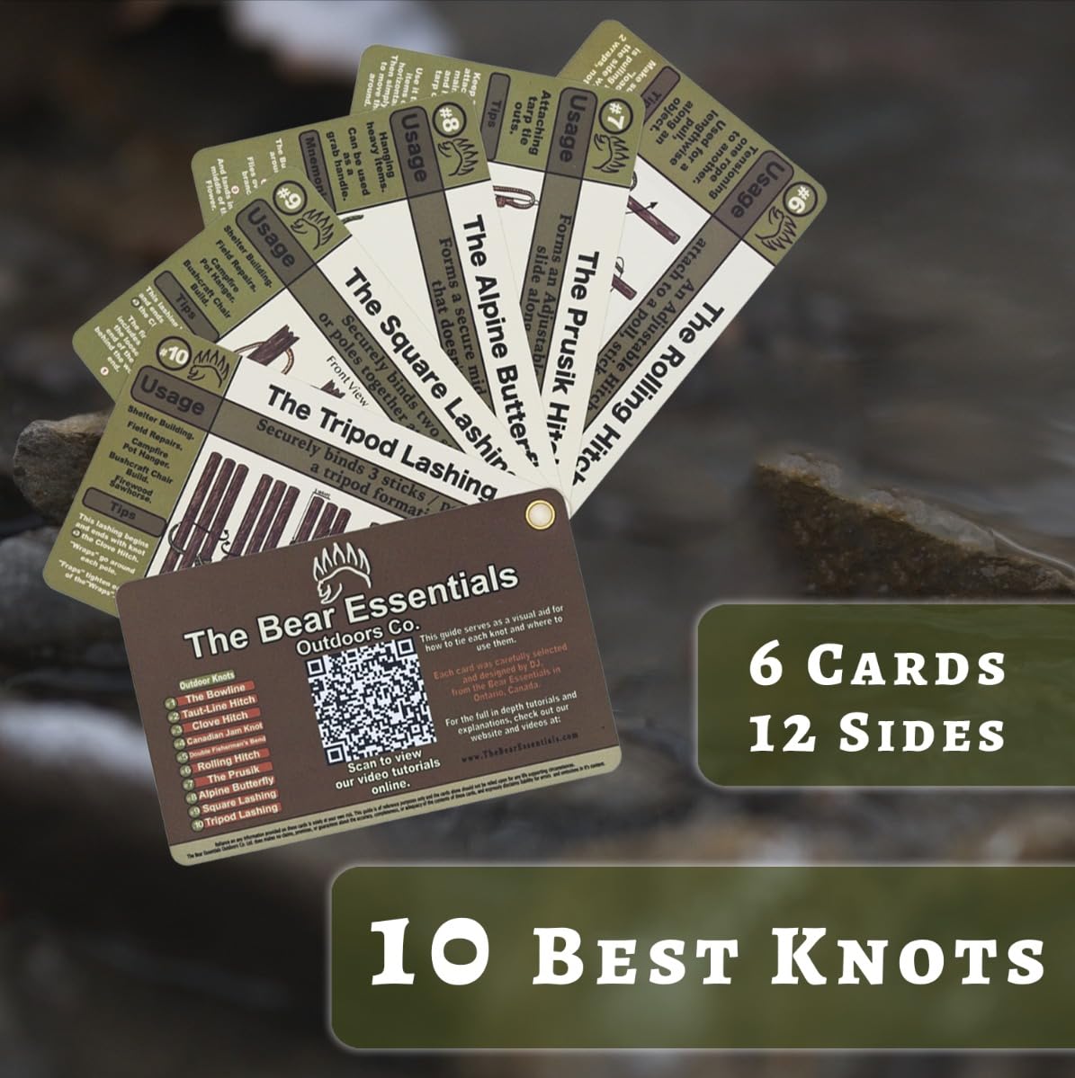 Knot Tying Kit | Camping & Outdoor Knots - by The Bear Essentials w/Waterproof Knot Tying Cards, 2 Practice Ropes, Burlap Sack, Bushcraft Tin | for Outdoors Survival, Backpacking, Hiking & Scouts