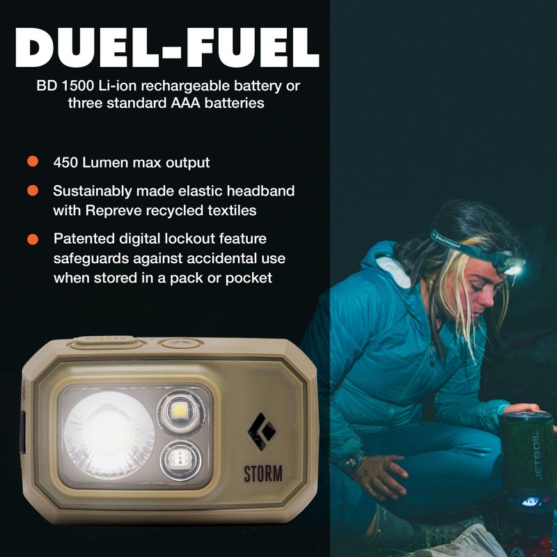 BLACK DIAMOND Storm 450 Headlamp | 450 Lumens Brightness | Waterproof & Dimmable | 3X AAA Battery Operated (Included | Camping, Hiking, Running | Ops Dark Tan