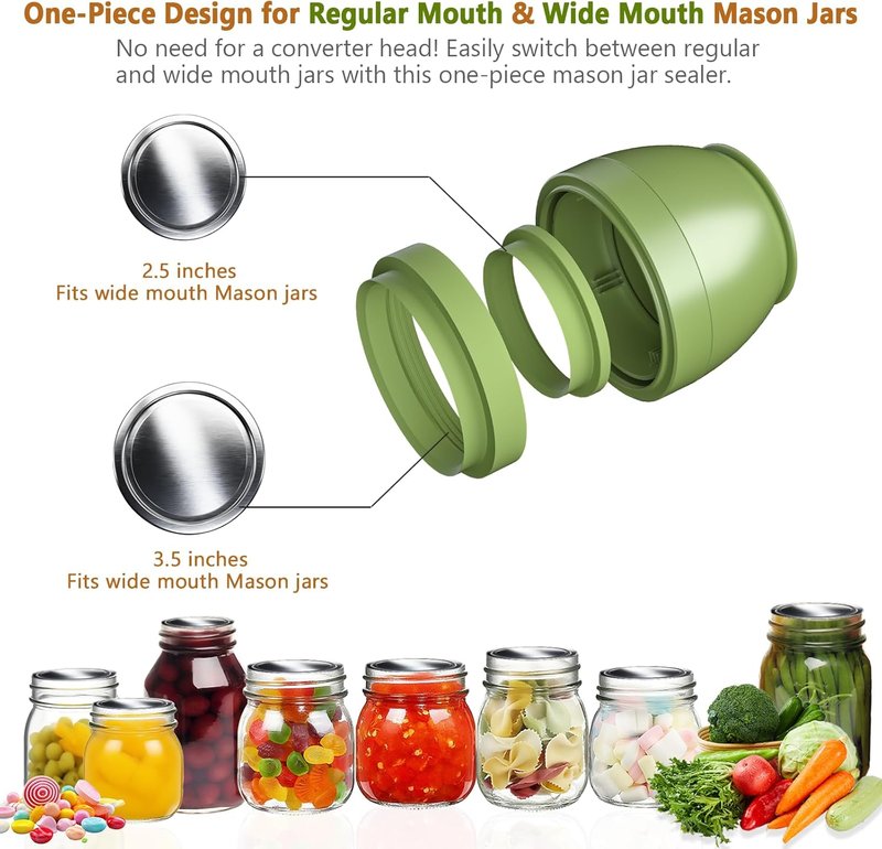 Electric Mason Jar Vacuum Sealer - Automatic Food Storage Sealing Machine for Regular & Wide Mouth Jars | Green