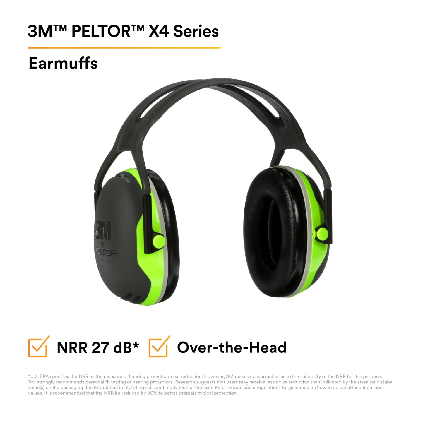 3M PELTOR Hearing Protection Earmuffs, X Series X4A, Over the Head Headband, NRR 27 dB, Pack of 1, Construction, Manufacturing, Electrical, Assembly, Sanding, Black/Green