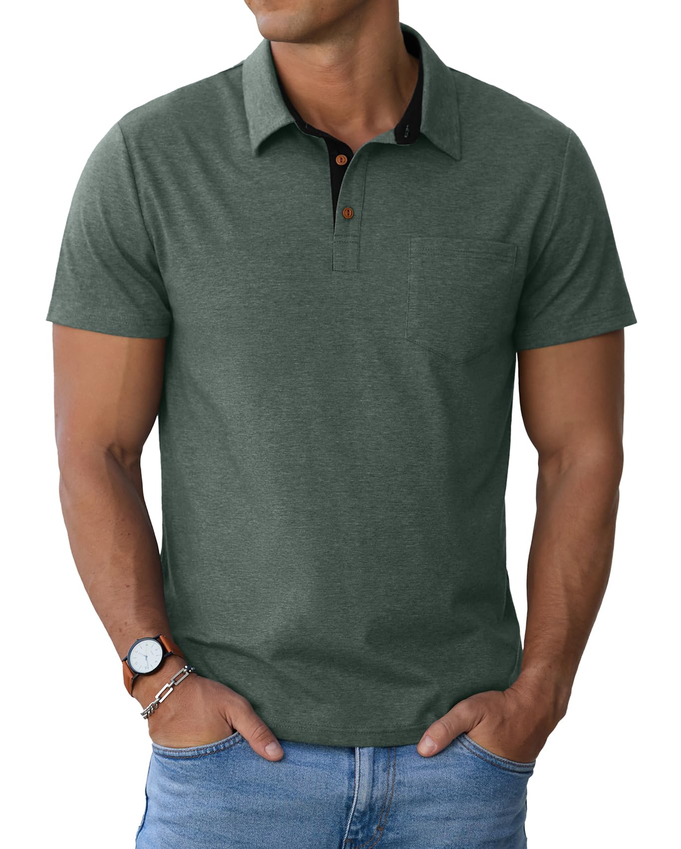 Sailwind Men's Cotton Polo Shirts Short Sleeve Casual Summer Shirts Classic Collared Golf Shirt with Pocket Green