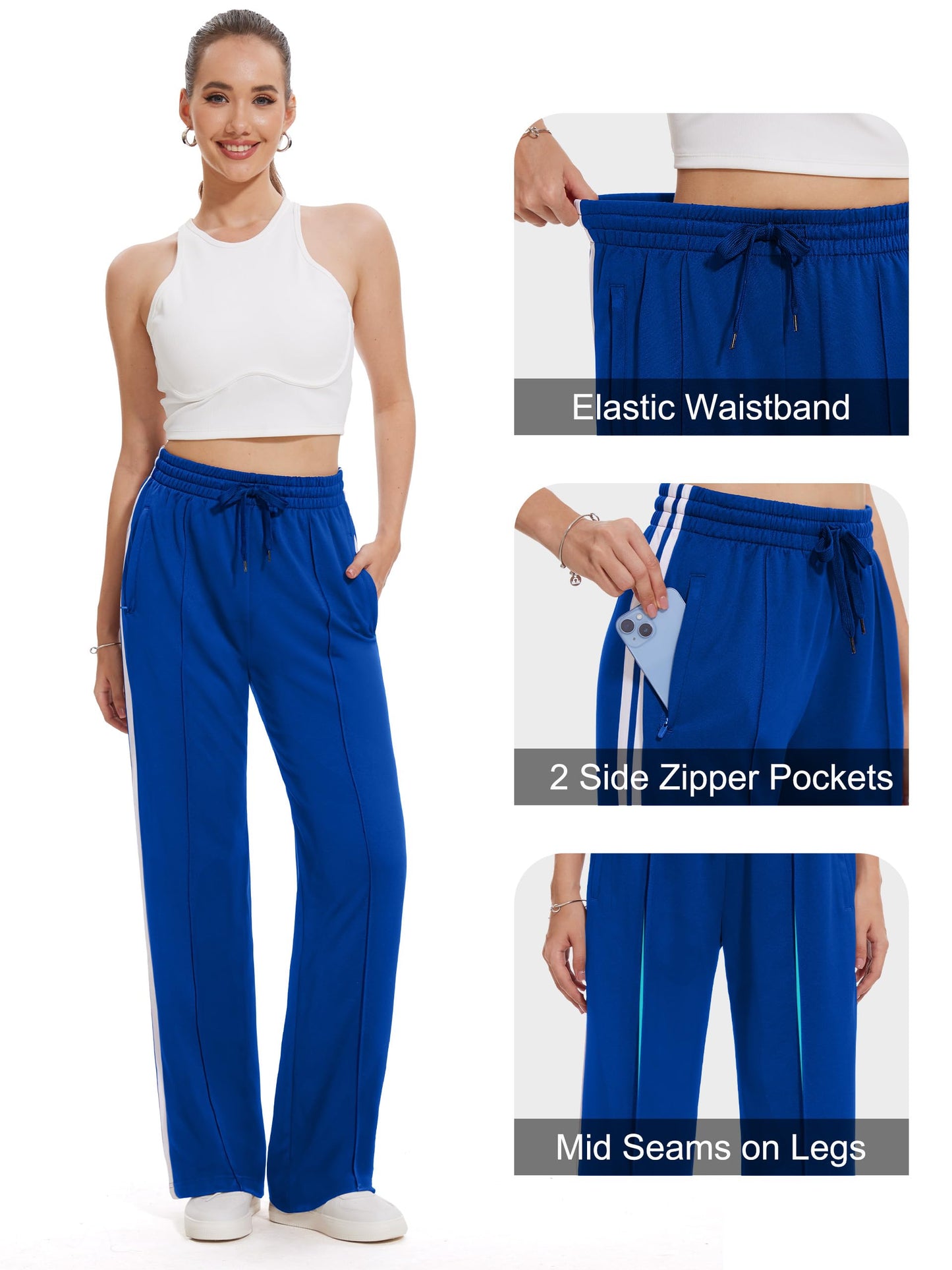 Tapata Tall Women's 34" Inseam Active Track Pants Striped Loose Fit Running Sporty Bottoms Travel Athletic Jogging, Blue, M