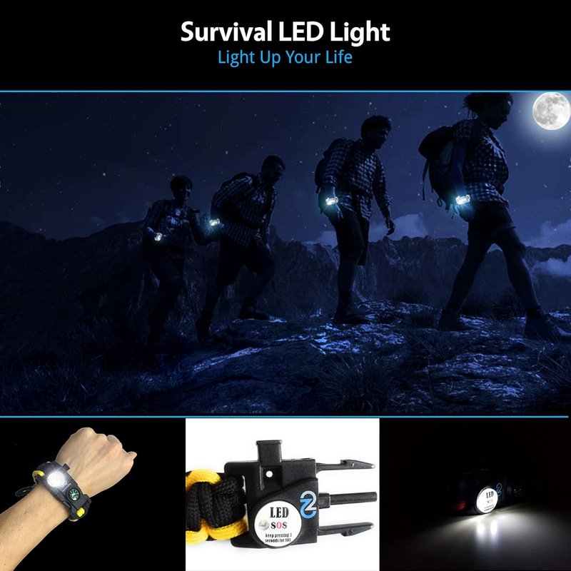 Survival Paracord Bracelet Set - 550 Grade with SOS LED Light, Fire Starter, Compass & Whistle | Adjustable for Men & Women