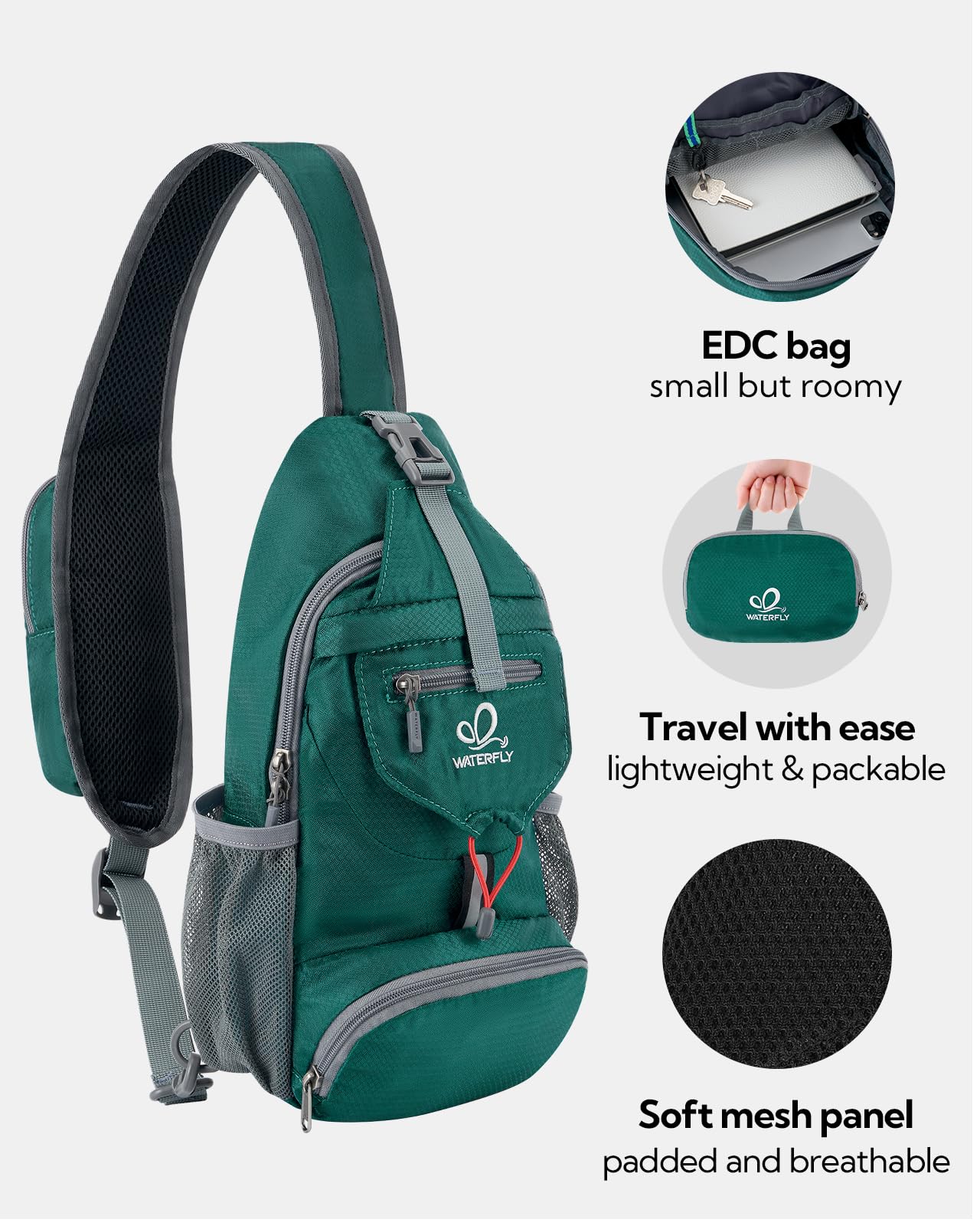 WATERFLY Packable Small Crossbody Sling Backpack Shoulder Chest Bag Daypack for Hiking Traveling