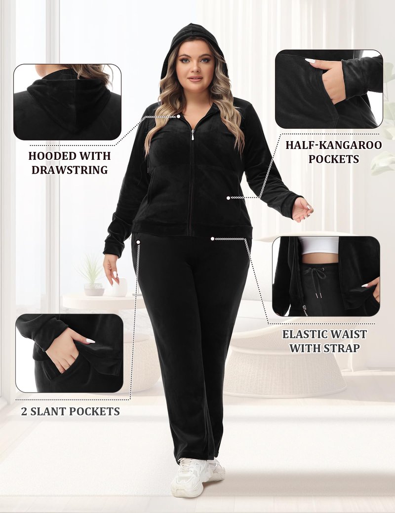ROYAL MATRIX Womens Plus Size Velour Tracksuit 1X-6X 2 Pieces Velour Sweatsuits Set Full Zip Hoodie & Sweatpant Sets (Black, 3X)