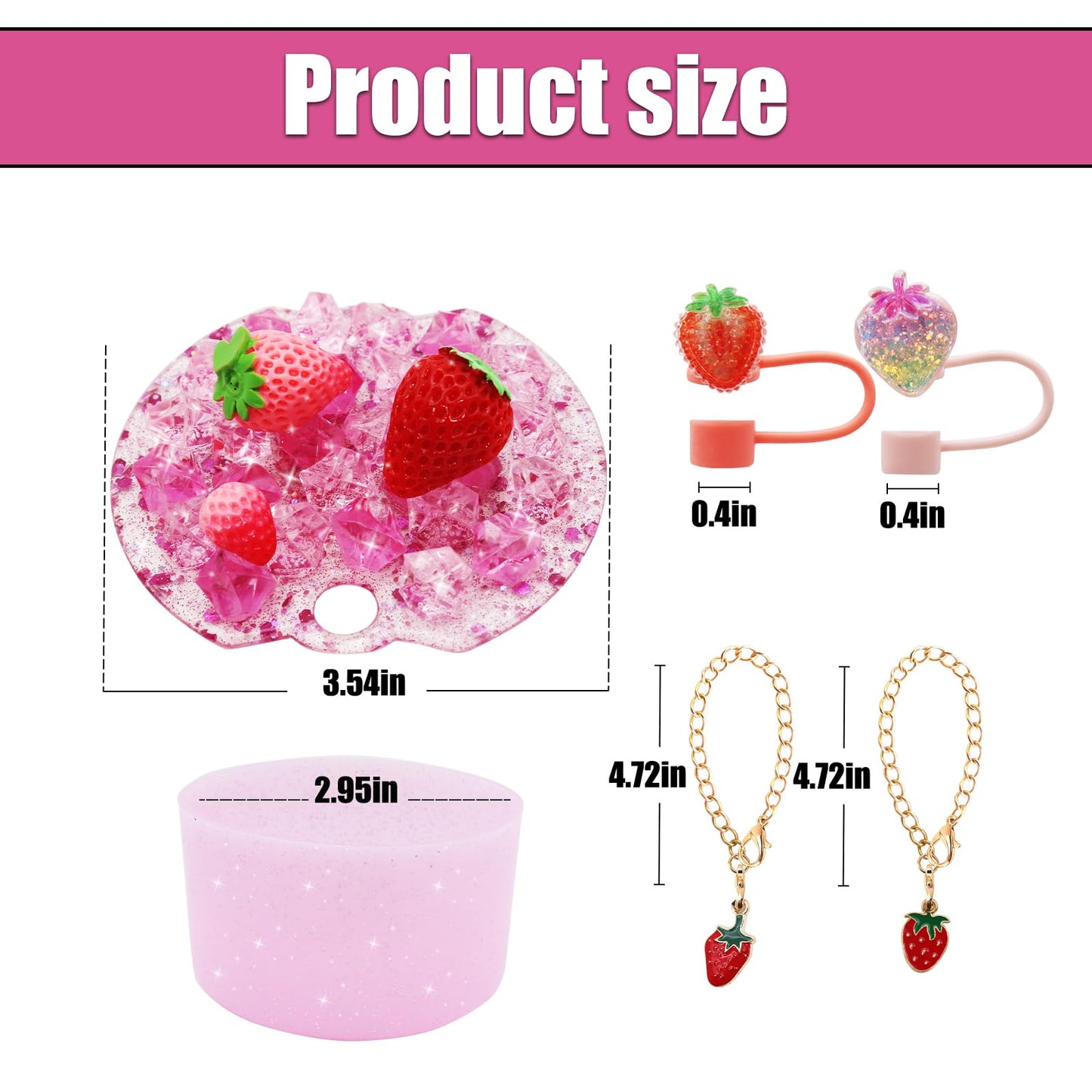 Cup Lid Topper Decoration for Stanley 40 oz，Including Silicone Boot, Silicone Straw Topper Cover Cap, Lid Charms，Cup Chain - Cute Strawberry Decoration Accessories