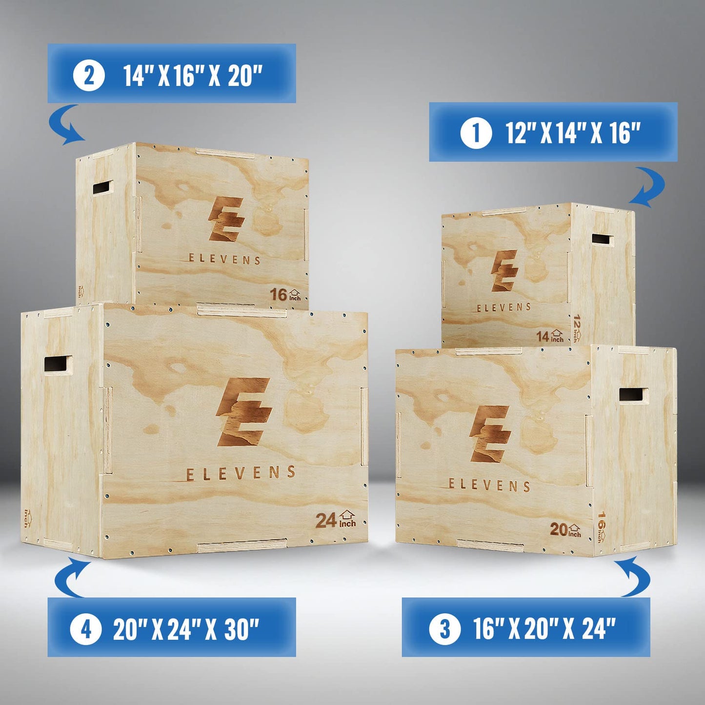 Elevens 3 in 1 Wooden Plyo Box Jump Box Plyometric Box for Jumping Trainer, Skipping, Jumping, Lunges, Box Jumps, Squats, Step-Ups, Dips (20"x14"x16")