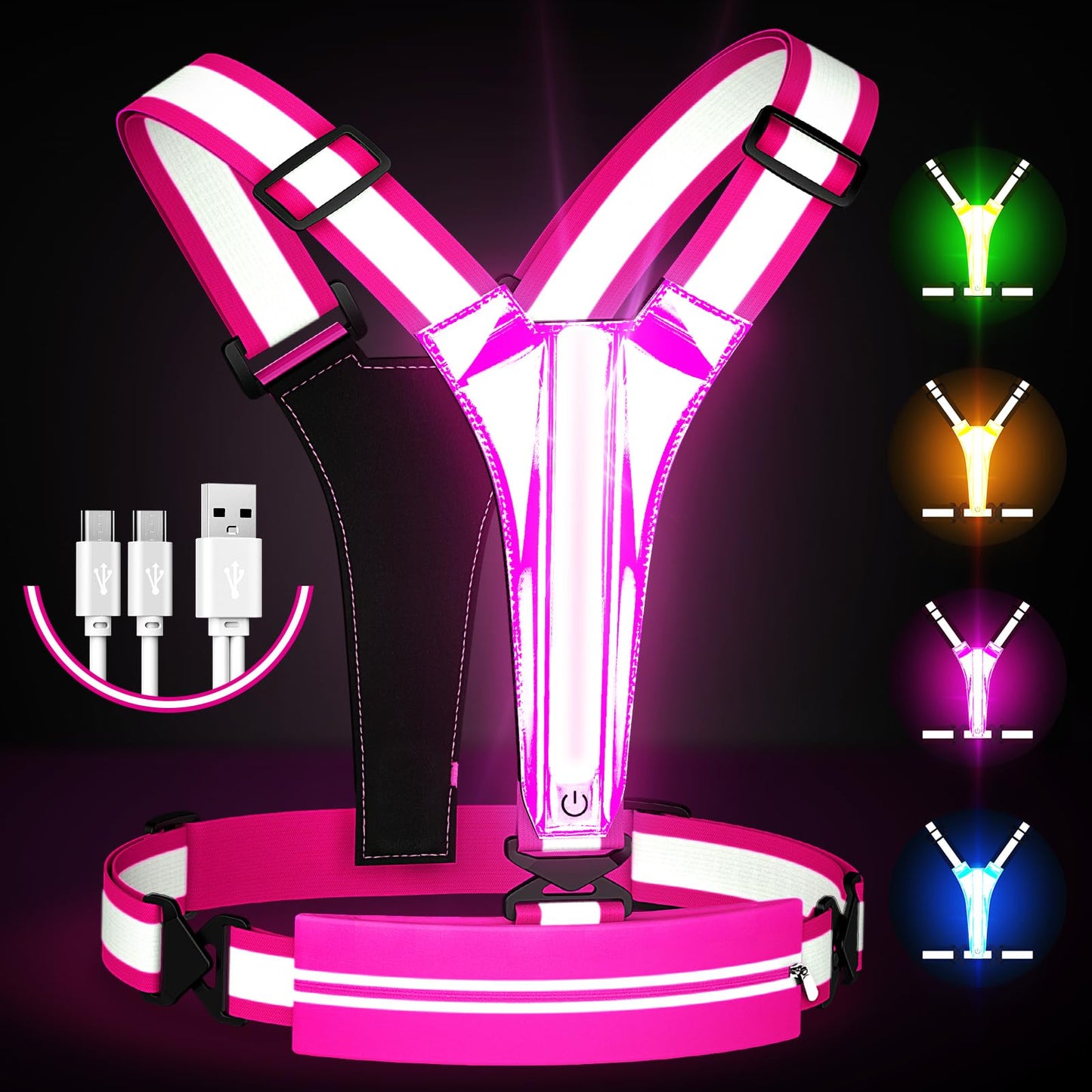 Ylzzrs LED Reflective Vest Running Gear, USB Rechargeable Light Up Running Vest Chest Phone Holder for Runners Night Walking,6-11hrs Light Adjustable Waist/Shoulder for Women Men Kids (Pink)