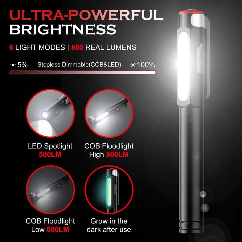 Recgargeable Pen Light, 800 Lumens LED Pen Flashlights 6 Modes COB Magnetic Flashlight with Clip Bright Pocket Flashlights Work Light Portable Waterproof Durable Penlight for Work Emergency