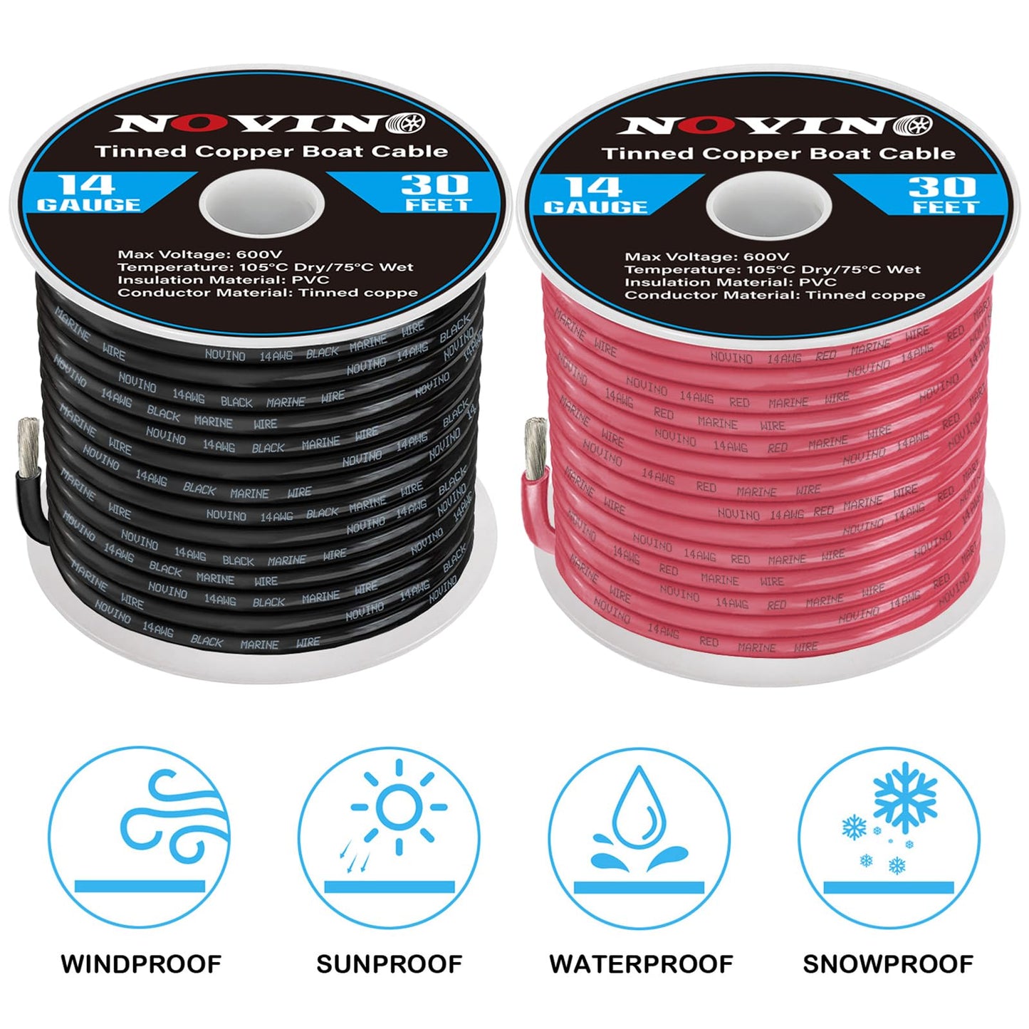14 Gauge Marine Wire 14 AWG Marine Grade Wire Include 14 Gauge 30FT Red & 30FT Black,14AWG Oxygen-Free Tinned Copper Electrical Cable for Automotive Boat Outdoor RV Camper