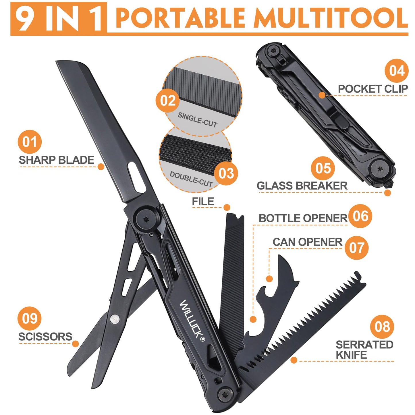 Multitool Pocket Knife - Multi tool, 9 in 1 Edc Knife - Pocket Knife for Men, Multitool for Camping, Hiking, Survival - Portable Multitool Gadgets Edc, Gifts for Men, Stocking Stuffers for Men