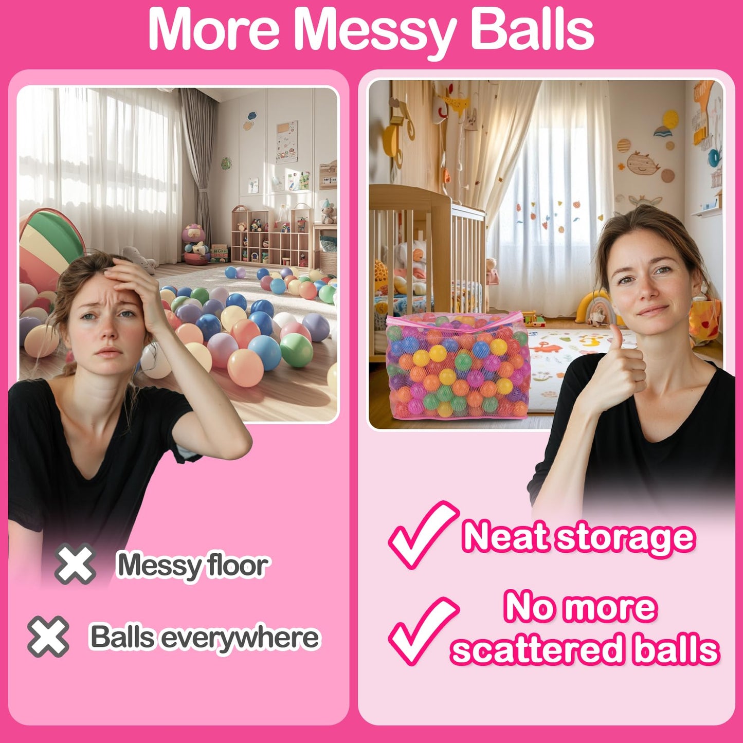 2 PCS Ball Pit Balls Bags - Storage Mesh Bag with Zipper Suitable for Storage,Sturdy and Durable,Large Size 17.7 x 11.8 x 13.7 Inches, Pink & White(Only Storage Bag,No Ball)