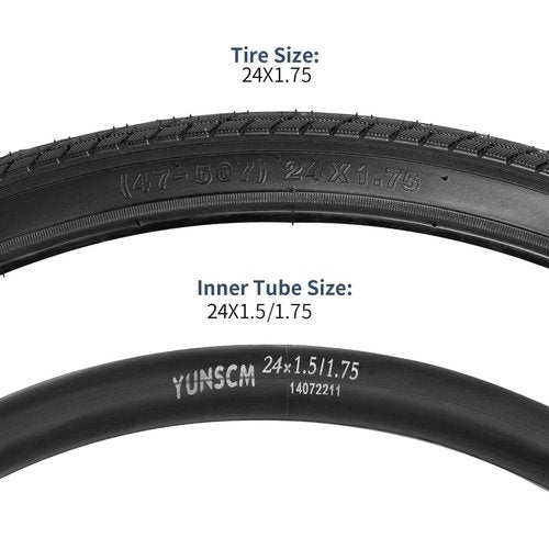 YUNSCM 2-PCS 24" Road Bike Tires 24 x 1.75/47-507 and 24" Bike Tubes Schrader Valve with 2 Rim Strips Compatible with 24x1.75 Bike Bicycle Tires and Tubes (Y-710)