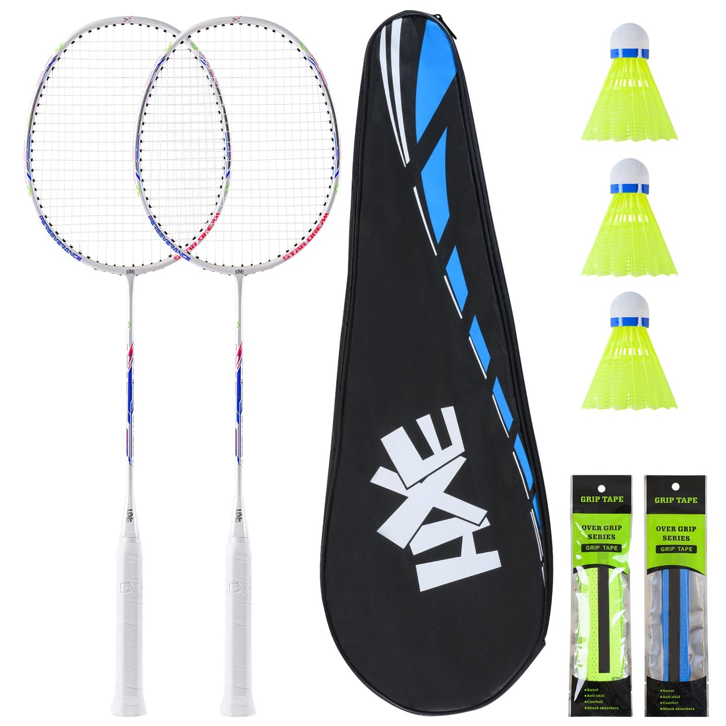 HXE Badminton Rackets Set, Lightweight Badminton Set for Outdoor Backyard Games Gym, Including 2 Racquets, 3 Shuttlecocks, 2 Replacement Grip Tapes and 1 Carry Bag, 2 Player Rackets for Beginners 4U