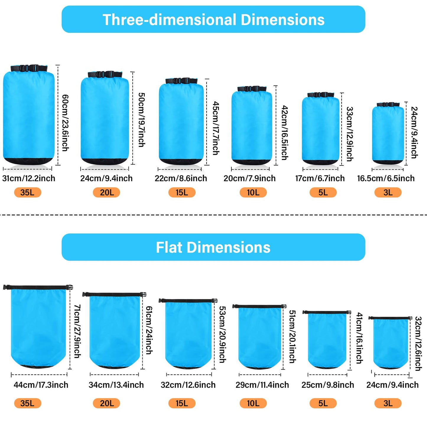 GliCraft 6 Pcs Waterproof Dry Bag Sack Lightweight Outdoor Dry Bags 35 L, 20 L, 15 L, 10 L, 5 L, 3 L Waterproof Boat Bag for Kayaking, Backpacking, Hiking, Camping Rafting(Blue)
