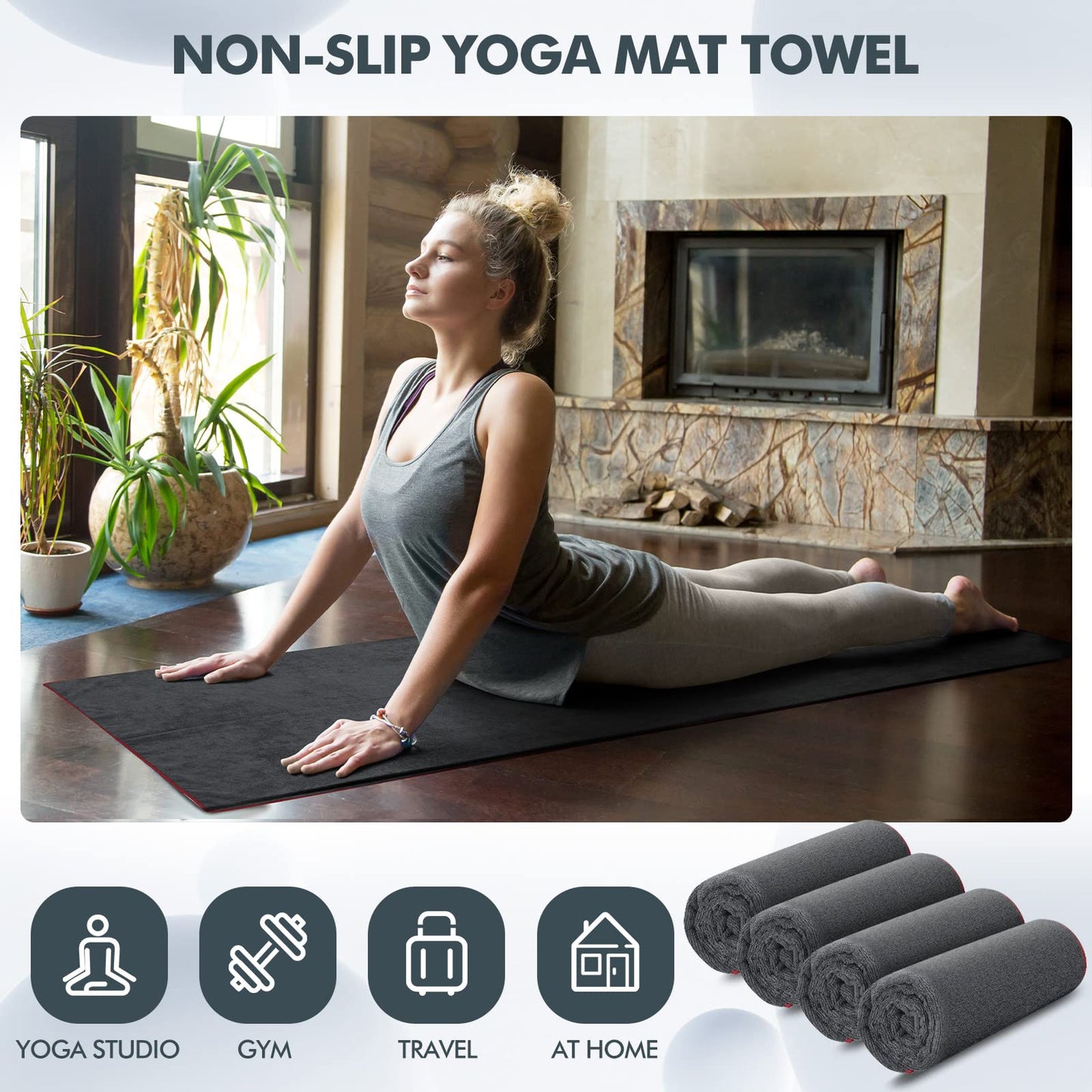 Oudain 10 Pack Hot Yoga Towel Bulk Non Slip Yoga Mat Towel Non Slip Sweat Absorbent Microfiber Towel for Hot Yoga, Pilates and Workout 72" x 26", Gray