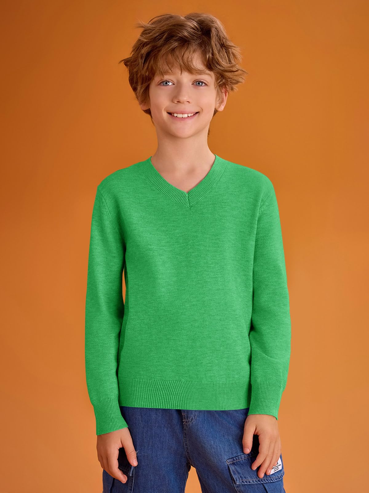 Haloumoning Boys School Uniform Sweater Kids Long Sleeve V Neck Pullover Fall Winter Clothes 5-14 Years Blue