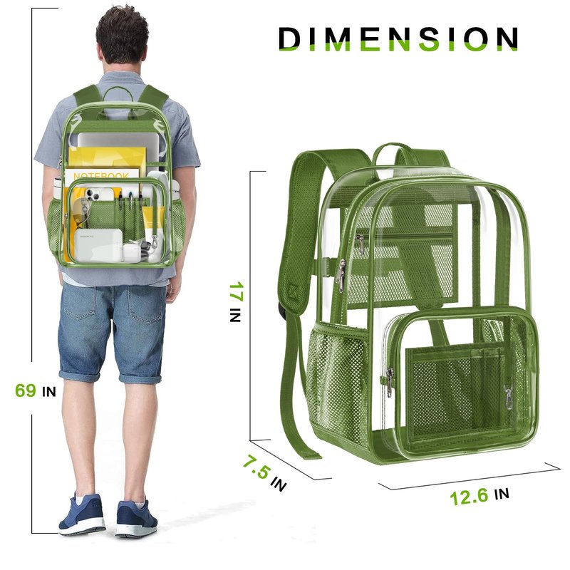 GEAMSAM Clear Backpack Heavy Duty Large Transparent Backpack with Reinforced Bottom Multi-pockets for College, Travel, Workplace Security - Green