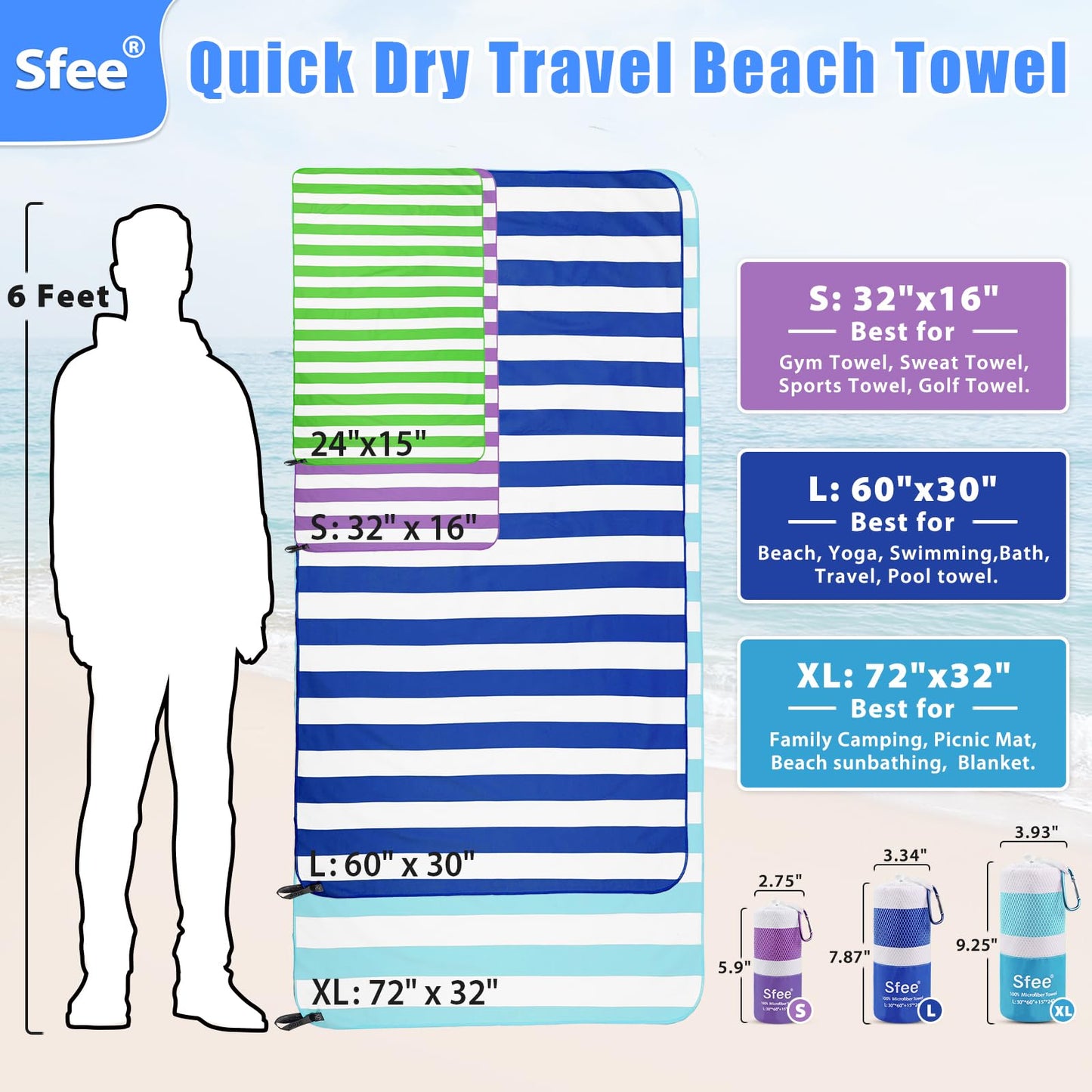 Sfee 4 Pack Microfiber Travel Towel, Beach Towel Quick Dry Towel Camping Towel Super Absorbent Compact Lightweight Sports Towel Gym Towel Set for Beach, Gym, Hiking, Pool, Backpacking, Bath, Yoga