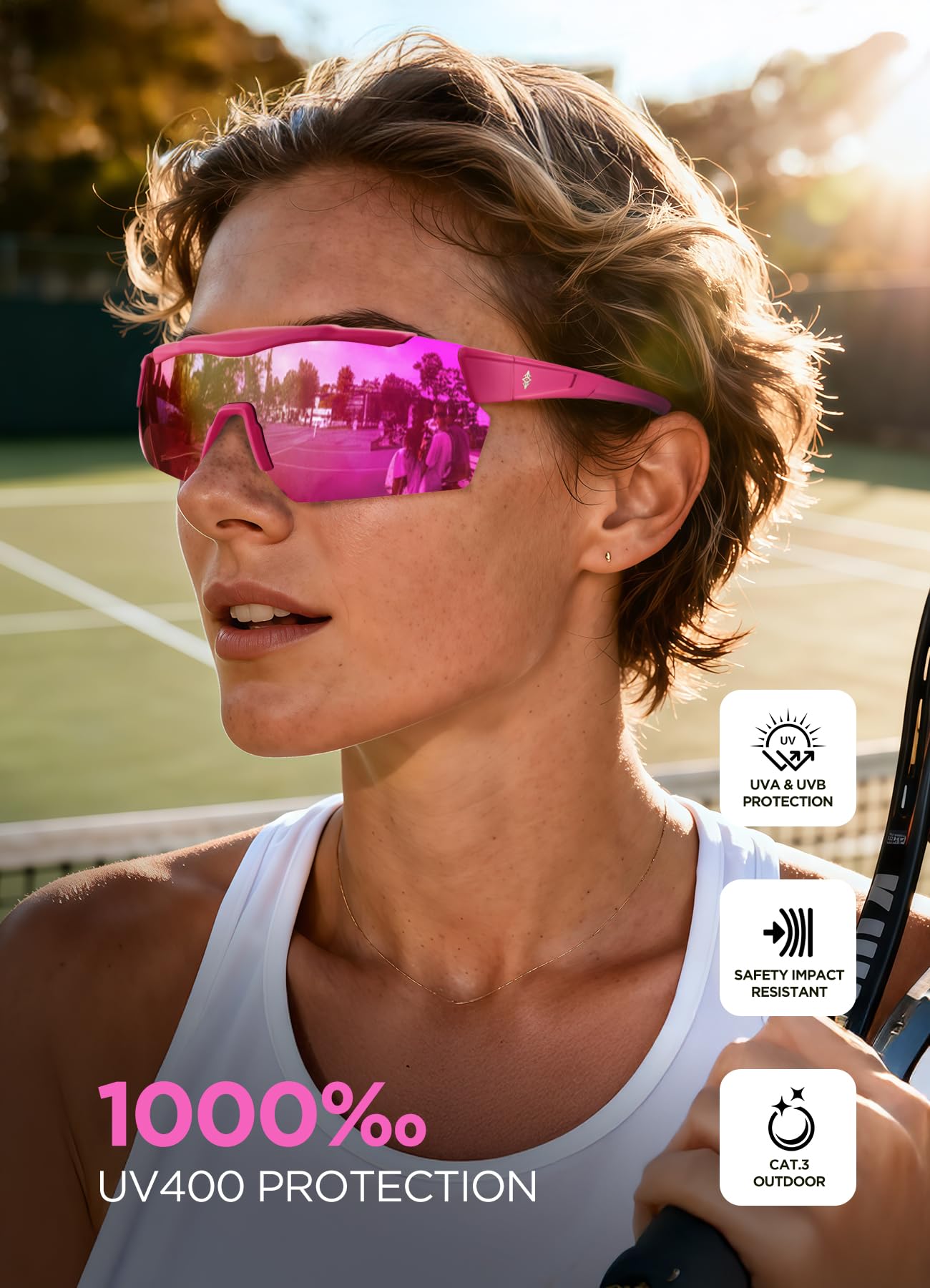 AMANEEST Z87 Sunglasses for Women Men,Stylish Safety Sunglasses Advanced UV400 Protection,Running Softball Cycling Pickleball Construction,Hot Pink Frame Purple Lens