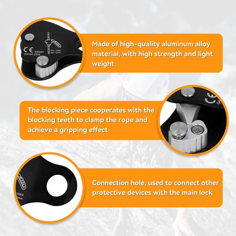 HERCHR Climbing Ascender, Fall Protection Belay Device Self Locking Ascender Riser Adjuster for 8‑13mm Rope Grab Clamp for Rock Climbing, Rappelling, Mountaineering, Arborist, Rescue (Black)