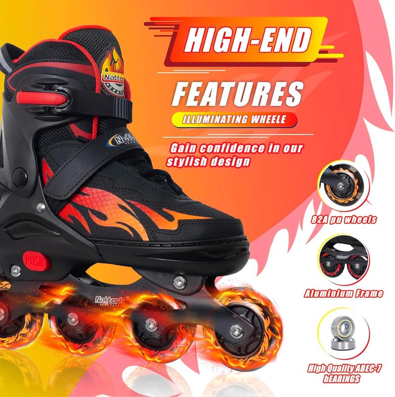 Nattork Adjustable Inline Skates for Kids and Teens, Nezha Inferno Skates Indoor and Outdoor Blades Roller with 8 Light Up Wheels for Boys Girls Youth Aged 6-16, Adult Beginners Flame Style 11 12 13