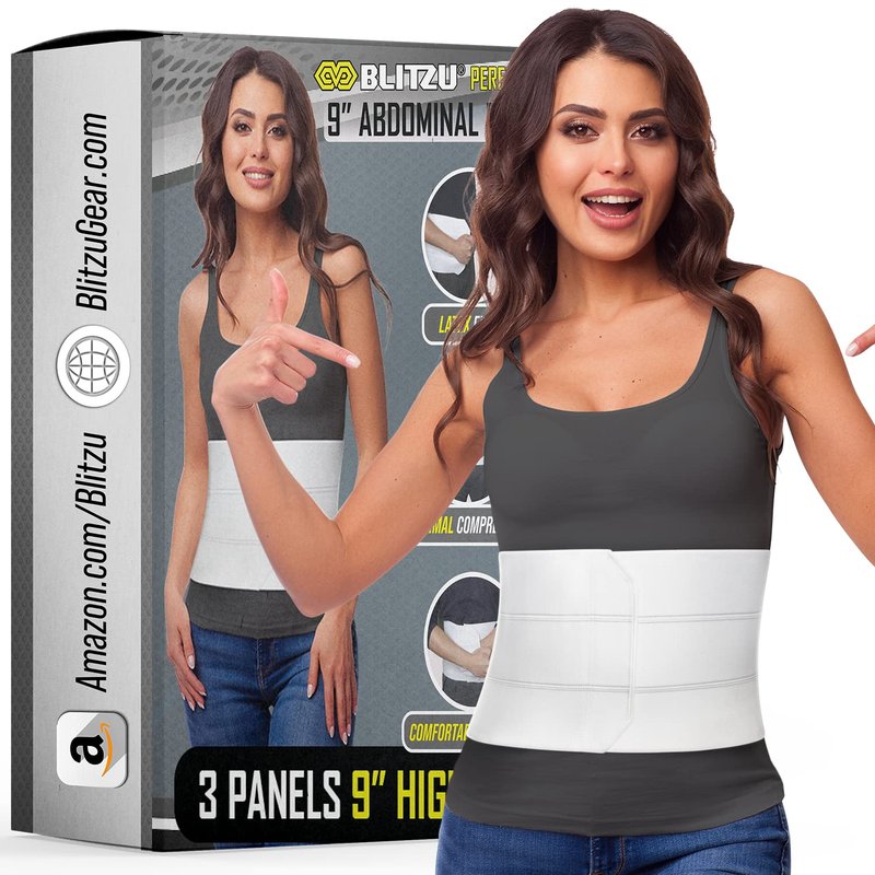 BLITZU 9", 3 Panel Abdominal Binder for Post Surgery Recovery, Postpartum Belly, Compression Wrap Support Belt for Hernia, C-Section, Stabilize Core, Prevent Injury and Improve Muscle Tone S-M White