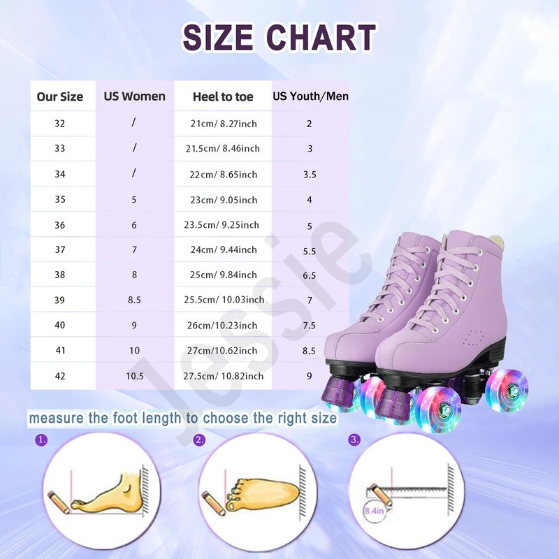 jessie Girls Roller Skates for Women, Microfiber Leather and Flash Wheels Purple Roller Skates Girls Ages 6-12 for Beginner Indoor Outdoor (Youth 2)
