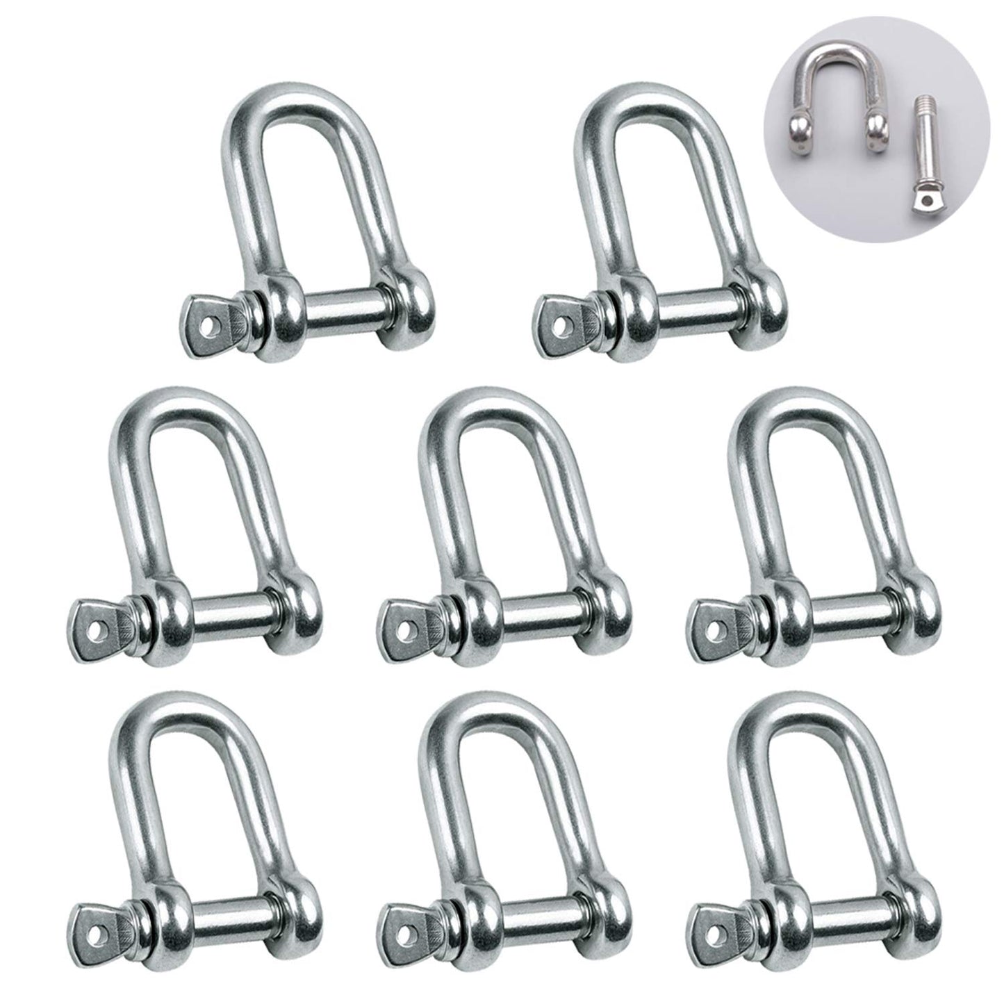 Reedny Stainless Steel 304 D Shape Shackle 5/32", 1/4", 5/16",3/8", 9/16", for Chains Wirerope Lifting Outdoor Camping Survival Rope Bracelets Or for Heavy Duty Construction (1/4" 8Pcs)