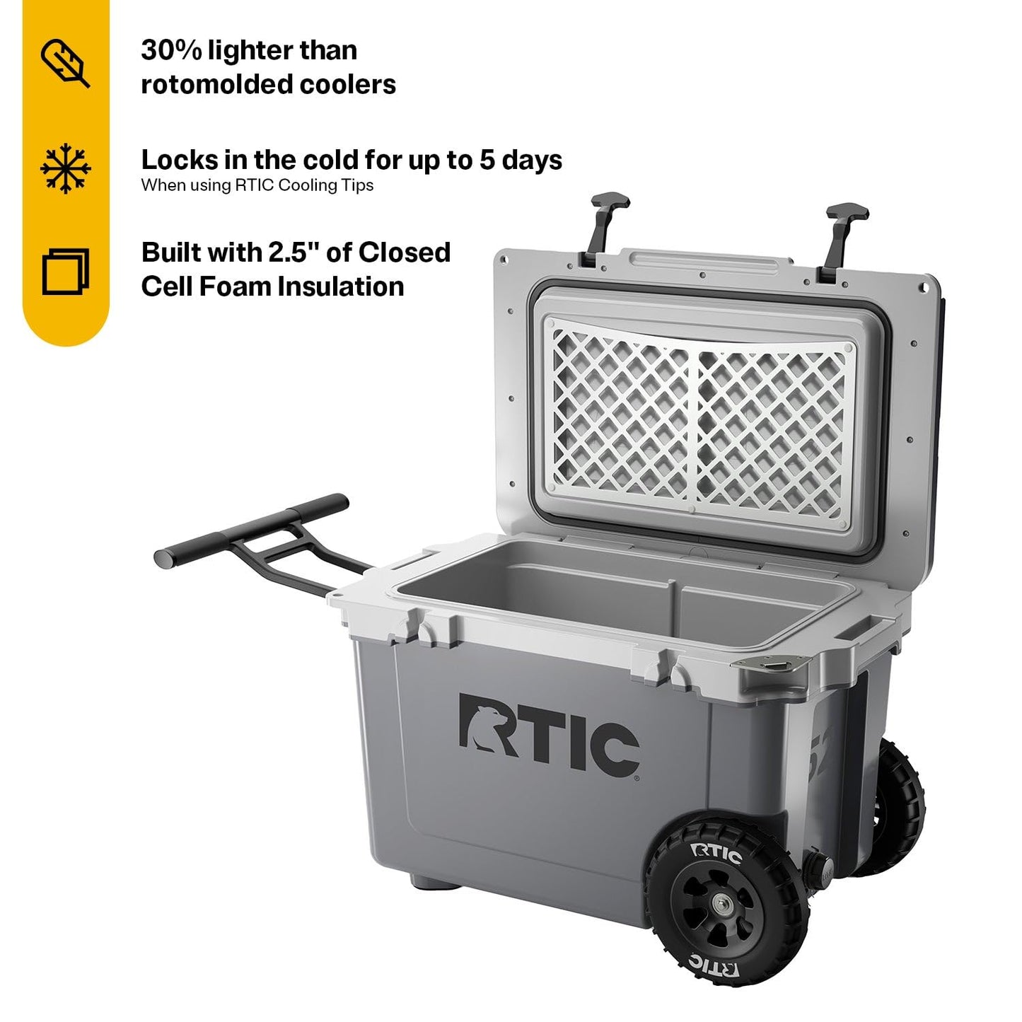 RTIC 52 Quart Ultra-Light Wheeled Hard Cooler Insulated Portable Ice Chest Box for Beach, Drink, Beverage, Camping, Picnic, Fishing, Boat, Barbecue, 30% Lighter Than Rotomolded, Dark Grey & Cool Grey