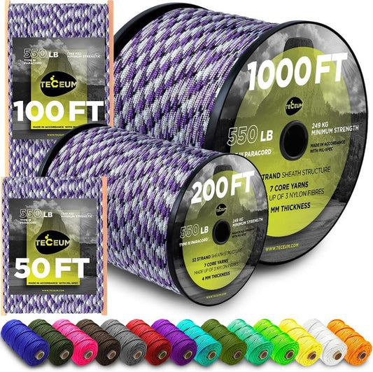 TECEUM Paracord Rope - Tactical 4mm Nylon String for Survival & Camping | 1000ft, 200ft, 100ft, 50ft, 45+ Colors