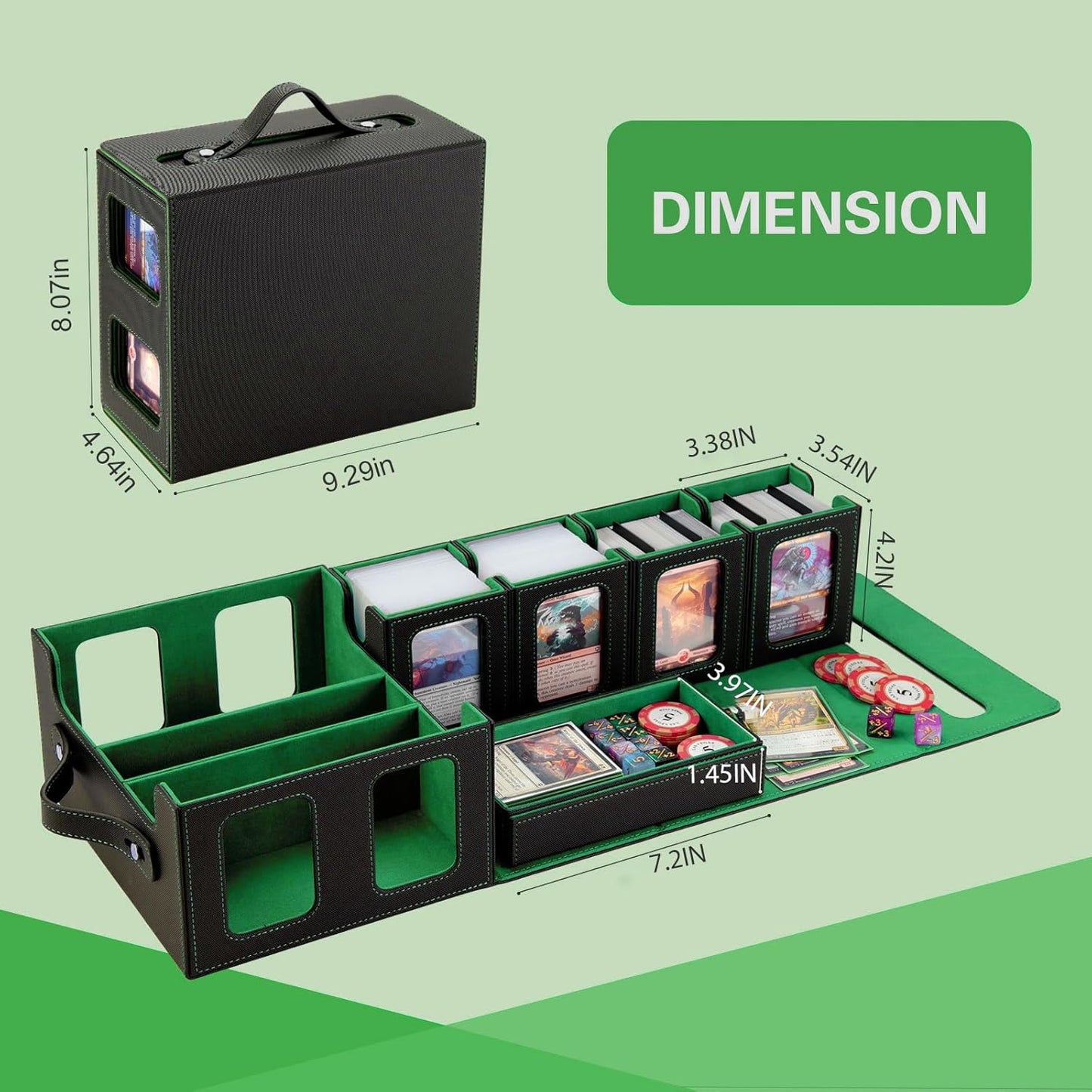 Commander Deck Box for MTG | Card Storage for 400+ Double-Sleeved Cards - 5-in-1 Removable Case with Display Windows (Black & Green)