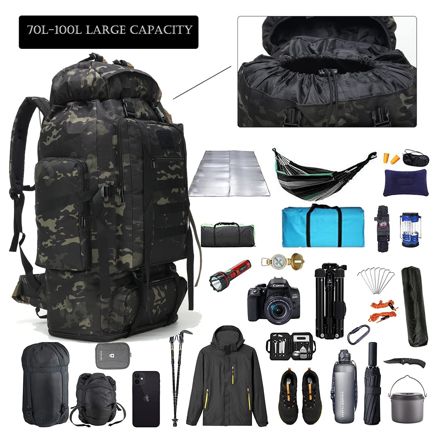 W WINTMING Hiking Backpack for Men 70L/100L Camping Backpack Military Rucksack Molle 3 Days Assault Pack for Climbing