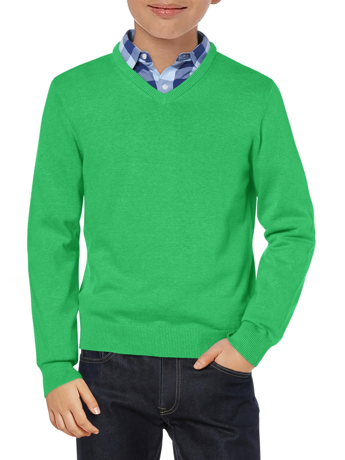 Haloumoning Boys School Uniform Sweater Kids Long Sleeve V Neck Pullover Fall Winter Clothes 5-14 Years Blue