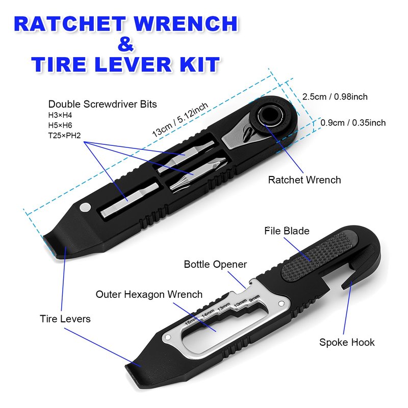 Gylbuz Bike Tire Levers Kit - 14 IN 1 Portable Bike Multitool with Mini Ratchet Wrench, Bike Tire Levers, Cone Wrenches & File Blade for MTB, Road Bicycle