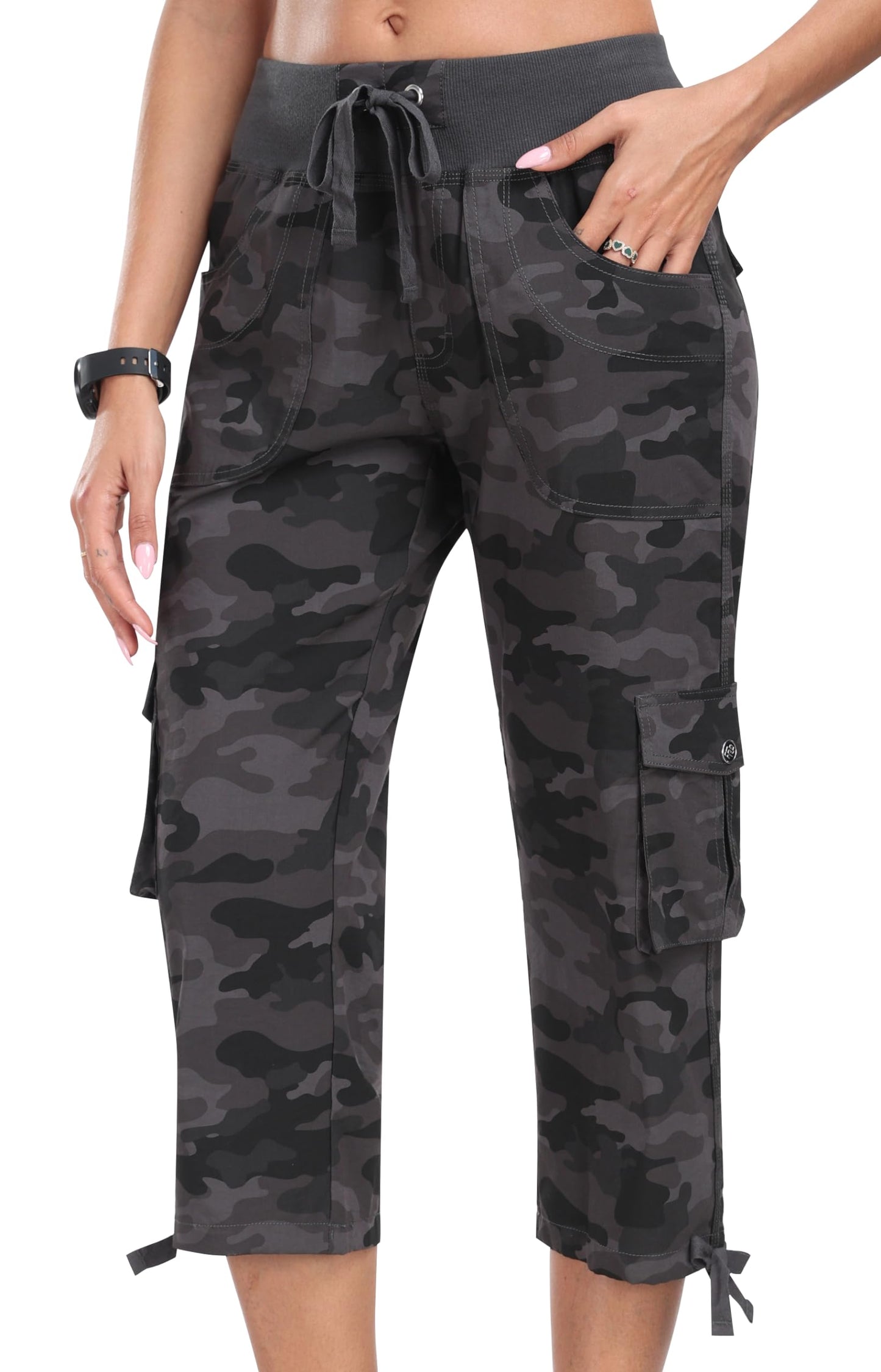 MoFiz Womens Capris with Pockets Loose Fit Casual Capri Pants Dressy Lightweight Ladies Baggy Cargo Pants for Hiking Camo Gray 4XL