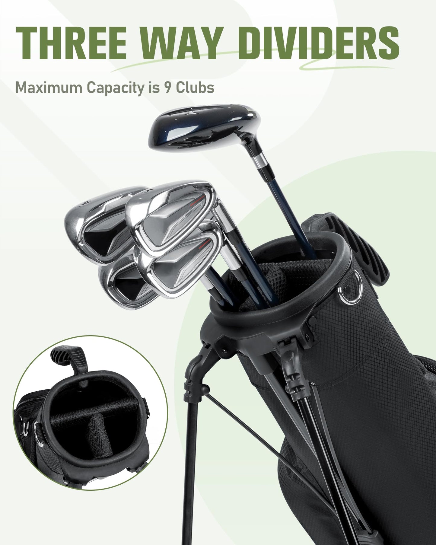 RIOROO Golf Stand Bag, 3 Way Lightweight Par 3 Golf Bag Dividers Fits Up to 9 Clubs, Easy to Carry Pitch n Putt Golf Bag for Driving Range and Executive Courses