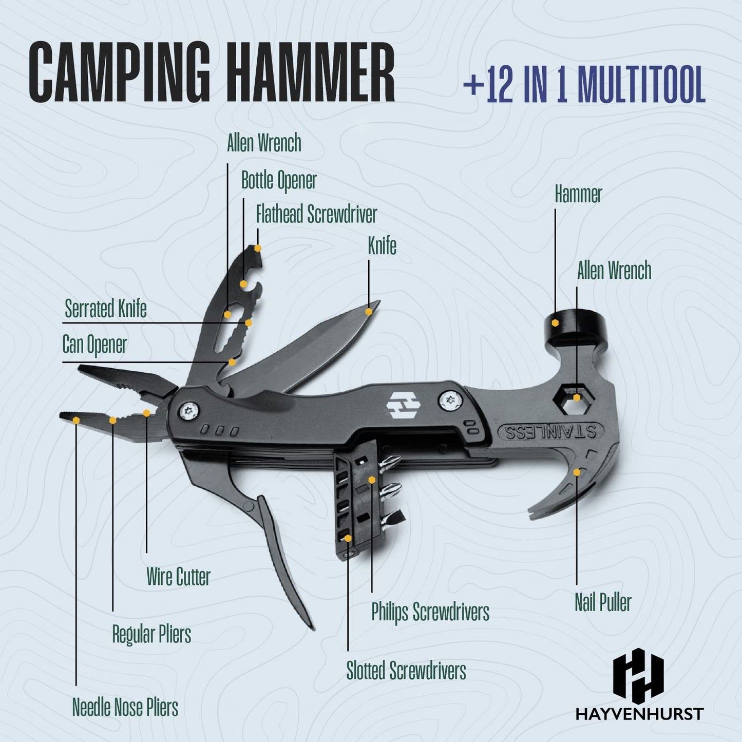 Camping Hammer Multitool, Survival Gear - 12 In 1 Stainless Steel, Portable, Safety Locking Camping Accessories with Durable Sheath - Compact Multi Tool For Outdoor by Hayvenhurst