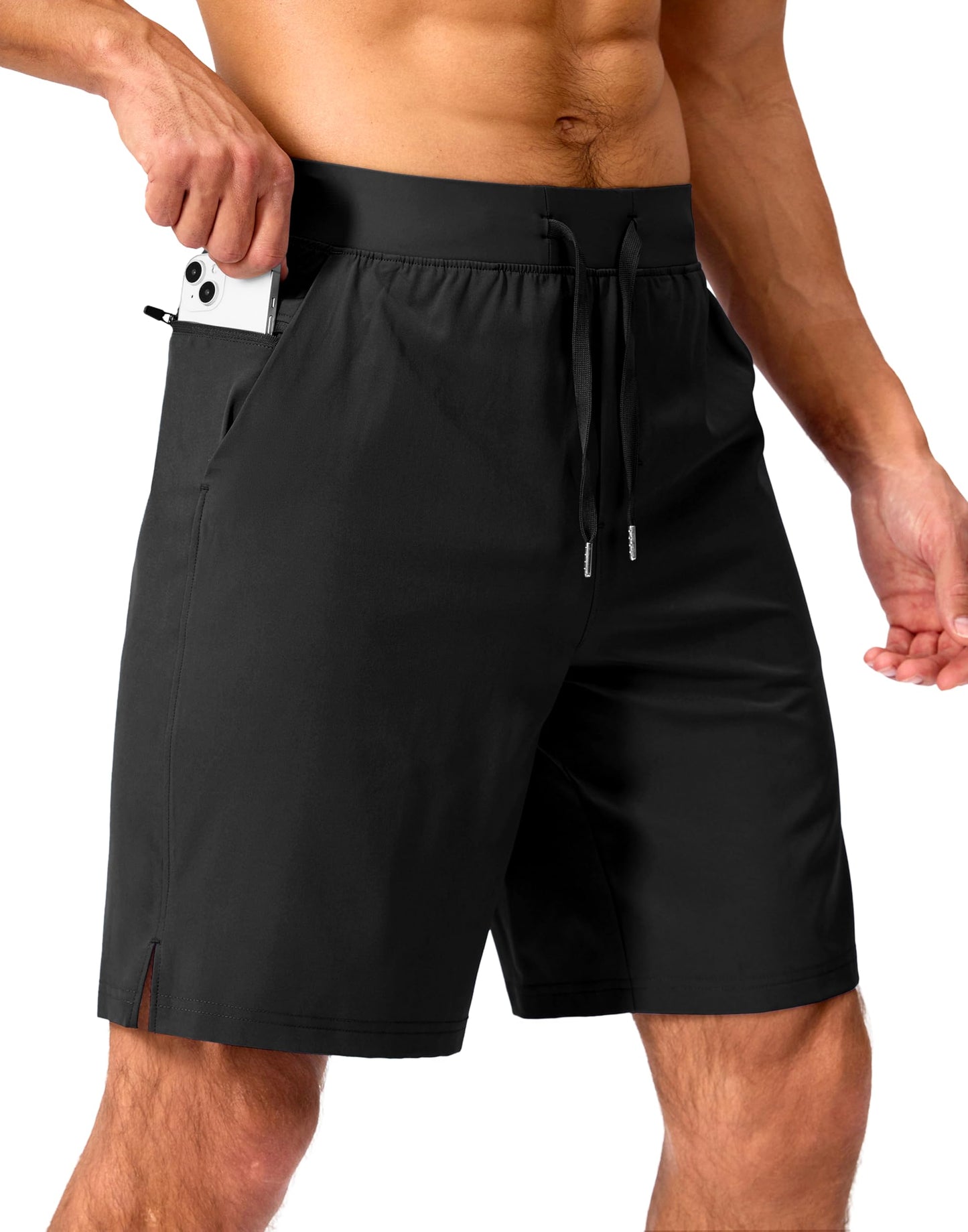 Soothfeel Men's Running Shorts with Zipper Pockets 9 Inch Lightweight Quick Dry Gym Sports Athletic Workout Basketball Shorts for Men (Black, S)