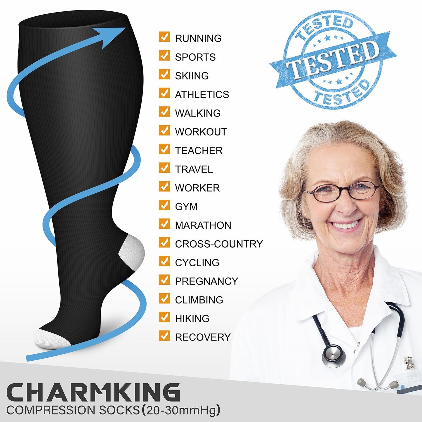 CHARKING Plus Size Compression Socks for Women & Men - Circulation Support 3 Pairs Wide Calf 15-20 mmHg (Black, X-Large)