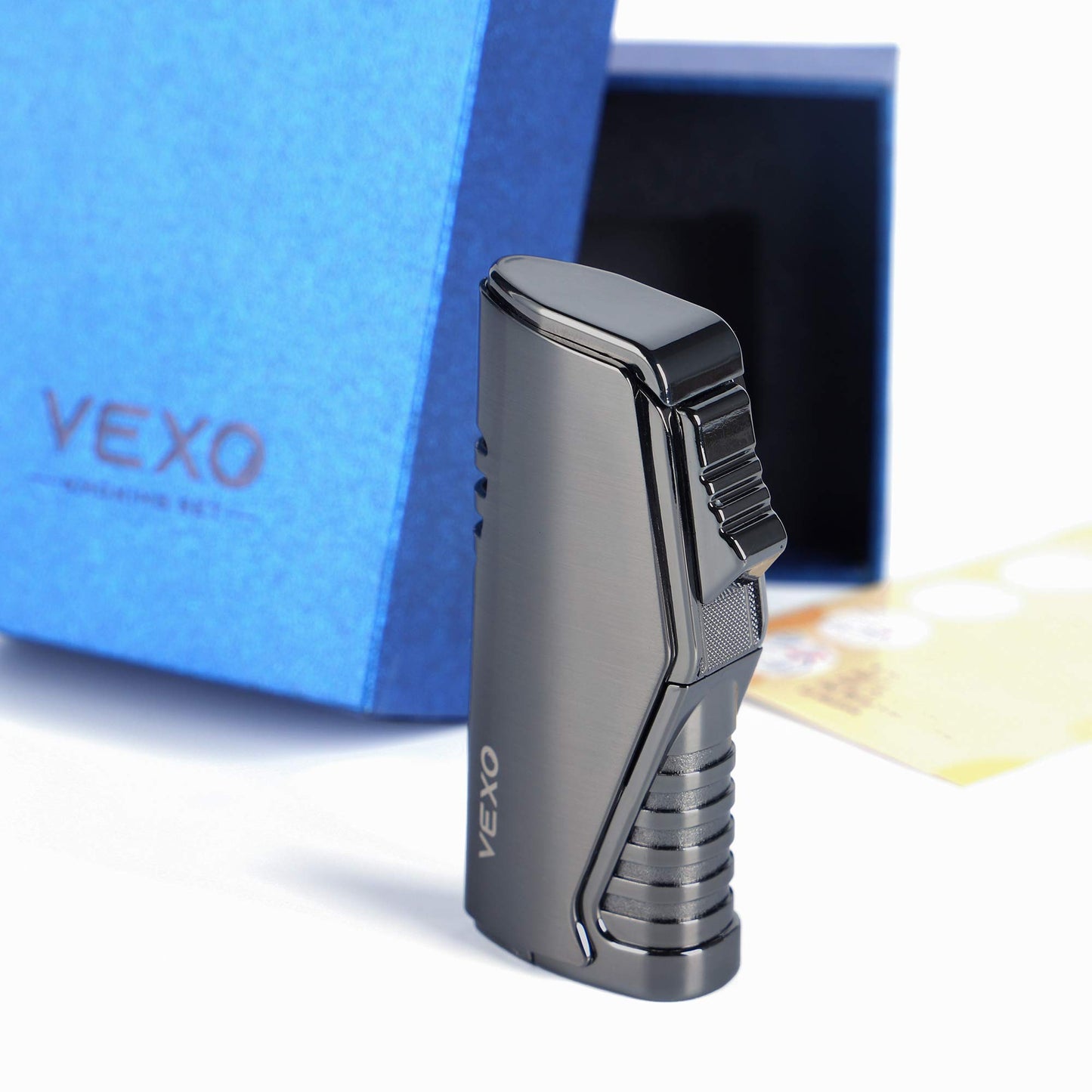 VEXO-Unique Torch Lighter Triple 3 Jet Flame Butane Lighter with Gas Window, Refillable and Windproof Butane Fuel Lighter, Great Gift Idea (Butane NOT Included) (Black)