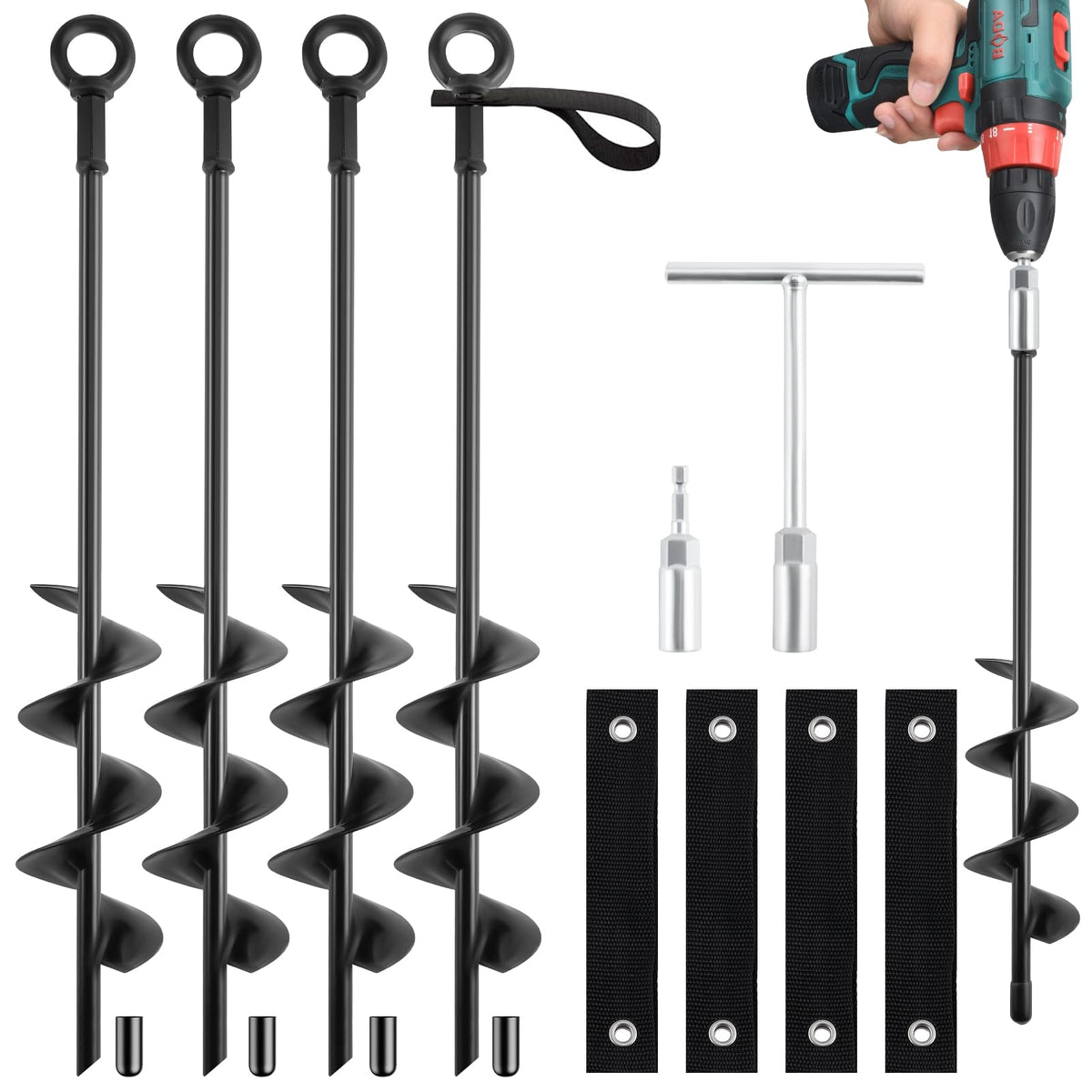 Qimshemi 18-Inch Ground Anchors Screw In Heavy Duty, 4 Pack Trampoline Anchors & Stakes High Wind With Wrenches And Straps, Earth Anchors Kit For Swing Sets, Sheds, Camping Tent, Canopies, Mobile Home