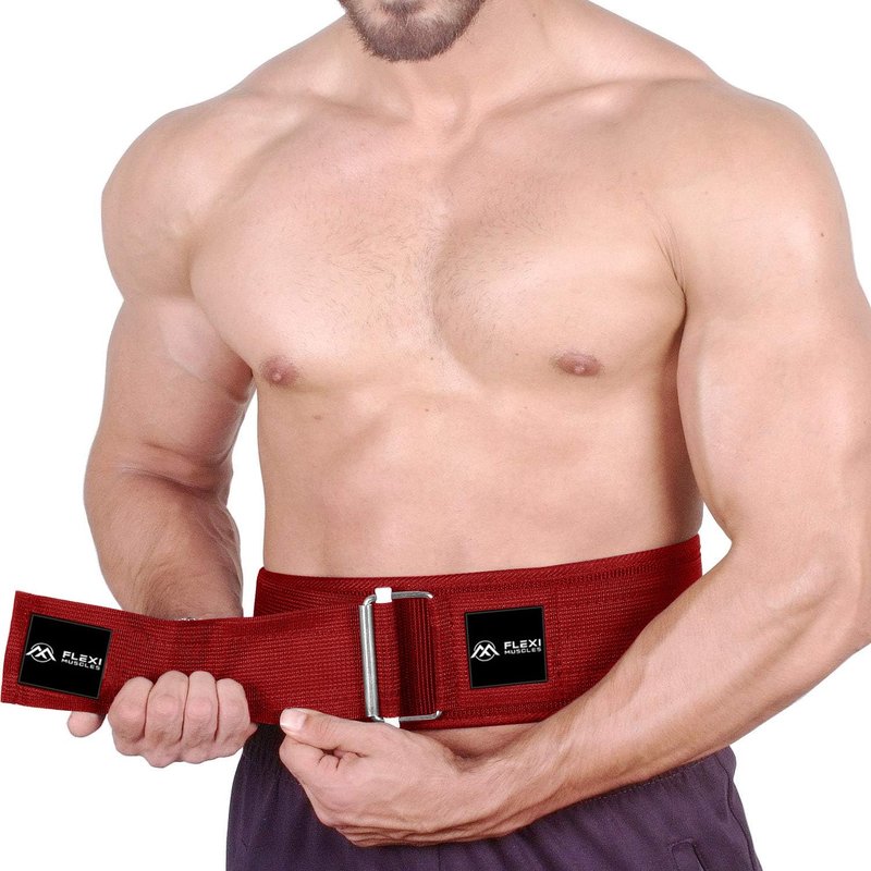 Flexi Muscles Quick Lock Weightlifting Belt - Adjustable Back Support with Metal Buckle - Ideal for Powerlifting, Cross Training, and Olympic Lifting - Durable Lifting Belt for Men & Women (Red, L)