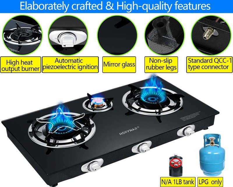 Horynar Propane Stove 3 Burner, Propane Burner, Auto Ignition, Gsa Stove 28,000 BTU,Thickened High-temperature Glass, Easy to Clean, with CSA Hose for Outdoor Cooking, RV, Emergency