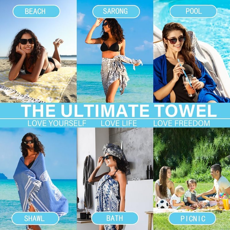 Turkish Beach Towel - Lightweight Quick Dry Absorbent Cotton | Extra Large Sand-Free Bath & Pool Accessory